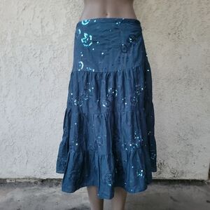 Blue Floral Embroidered and Sequins Midi Skirt
